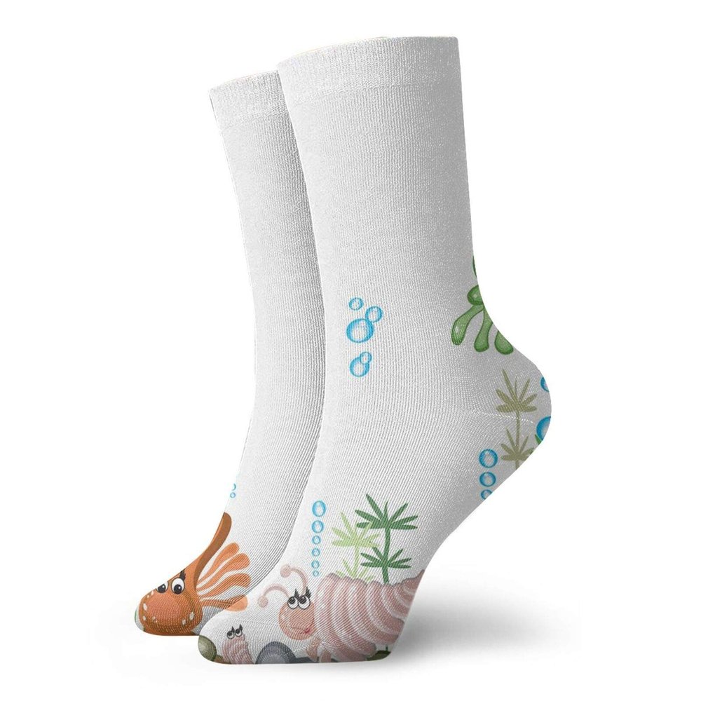 Jellyfish Funny Compression Socks Women and Men,Aquarium With Seashell Octopus Stones And Bubbles Funny Cartoon Print,Best for Circulation,Running,Athletic,Nurse,Travel,Blue Green Yellow -12 inch