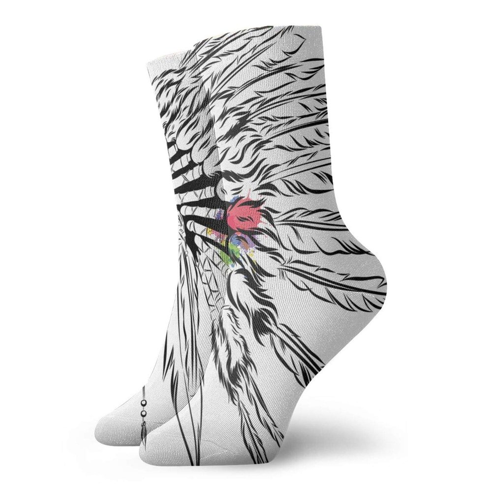 Feather Fashion Compression Socks,Native American Headdress In Sketch Style,Performance Polyester Cushioned Athletic Crew Socks for Running,Athletic,Black White Multicolor -12 inch