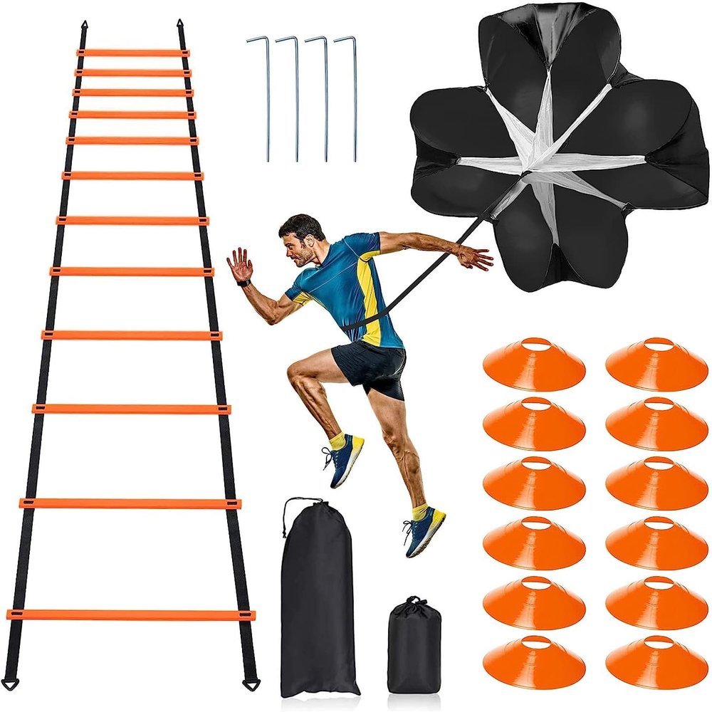 Pro Speed Agility Training SetIncludes 12 Rung 20ft Adjustable Agility Ladder with Carrying Bag, 12 Disc Cones, 4 Steel Stakes, 1 Running Parachute for Training Football, Soccer, Basketball Athletes