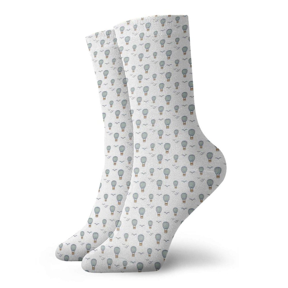 GULTMEE Doodle Funny Compression Socks Women and Men,Hot Air Balloons Flying Through The Sky With Birds,Best for Circulation,Running,Athletic,Nurse,Travel,Almond Green And Dark Lavender -12 inch