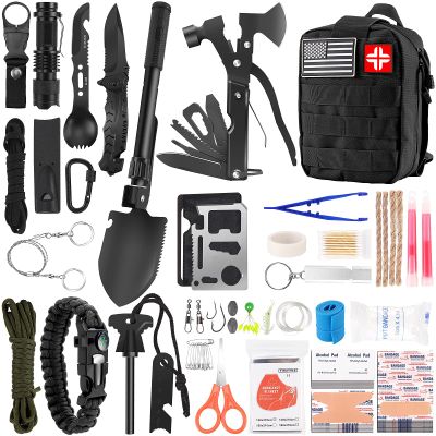 Emergency Survival Kit and First Aid Kit, 142Pcs Survival Gear and Supplies Equipment with Molle Pouch, Gift for Christmas Men Dad Husband Camping Essentials Hiking Hunting Outdoor Adventure (Black)