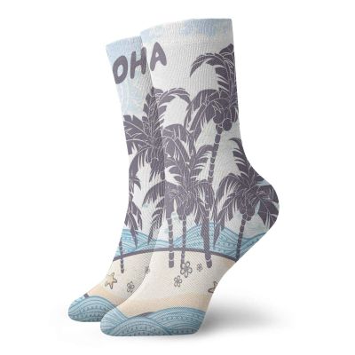 Vintage Beach Fashion Compression Socks,Cute Illustration Alohad Hawaiian Island Palm,Performance Polyester Cushioned Athletic Crew Socks for Running,Athletic,Pale Blue Purpleblue Champagne -12 inch