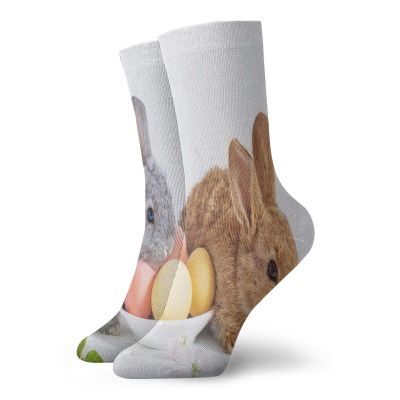 GULTMEE Easter Bunny Fashion Compression Socks,Photo Of Two Easter Rabbits Grey,Performance Polyester Cushioned Athletic Crew Socks for Running,Athletic,Multicolor -12 inch