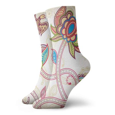 GULTMEE Floral Funny Compression Socks Women and Men,Ethnic Birds And Curved Flower Petals Shabby Chic Style Artsy Image,Best for Circulation,Running,Athletic,Nurse,Travel,Multicolor -12 inch