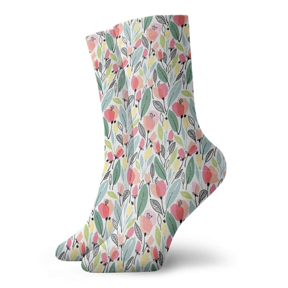 Leaf Funny Compression Socks Women and Men,Floral Pattern With Poppies In Hand Painted Style Spring Nature Inspired Blossoms,Best for Circulation,Running,Athletic,Nurse,Travel,Multicolor -12 inch