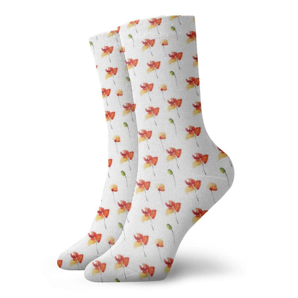 GULTMEE Watercolor Flowers Fashion Compression Socks,Pastel Meadow Poppy Idyllic Rural Buds,Performance Polyester Cushioned Athletic Crew Socks for Running,Athletic,Vermilion Yellow Green -12 inch