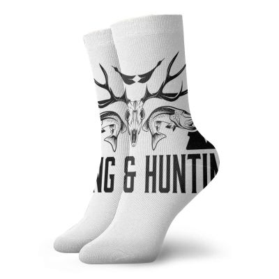 Hunting Funky Colorful Cushion Sport Socks,Hunting And Fishing In Vintage Emblem Antler Horns Mallard Pine Tree,Athletic Cushioned Running Performance Crew Socks For Men/Women,Black White -12 inch