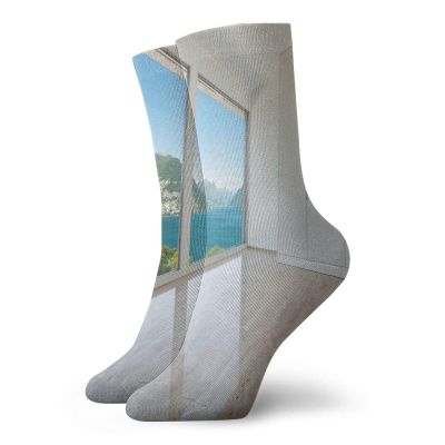 GULTMEE Modern Funky Colorful Cushion Sport Socks,Interior Of Penthouse Empty Living Room,Athletic Cushioned Running Performance Crew Socks For Men/Women,White Blue Beige -12 inch