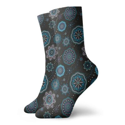 Dark Blue Fashion Compression Socks,Decorative Snowflakes Ethnic Kaleidoscopic Asian Mandala,Performance Polyester Cushioned Athletic Crew Socks for Running,Athletic,Multicolor -12 inch