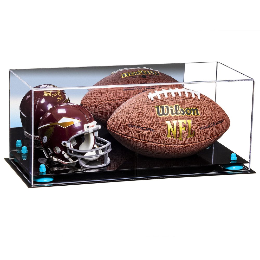Better Display Cases Acrylic Display Case for Full Size Football and Mini Helmet - Large Rectangle Box with Mirror Case, Blue Risers and Black Base 19.25" x 8.25" x 8" (B47/A103)