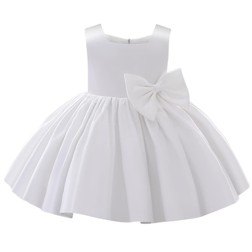 OBEEII Infant Baby Girls Bowknot Pageant Dress Toddler Christening Princess Birthday Wedding Prom Tutu Dress Formal Satin Flower Girl Dress Cute Baptism Photoshoot Outfit White 6-7 Years