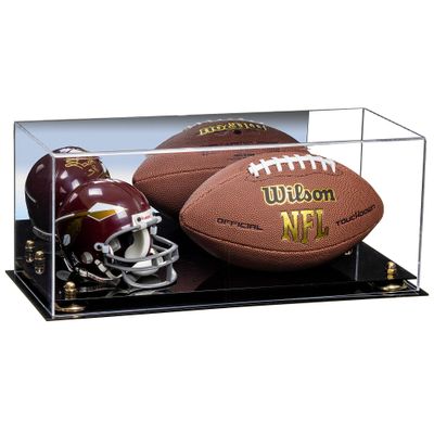 Better Display Cases Acrylic Display Case for Full Size Football and Mini Helmet - Large Rectangle Box with Mirror Case, Gold Risers and Black Base 19.25" x 8.25" x 8" (B47/A103)