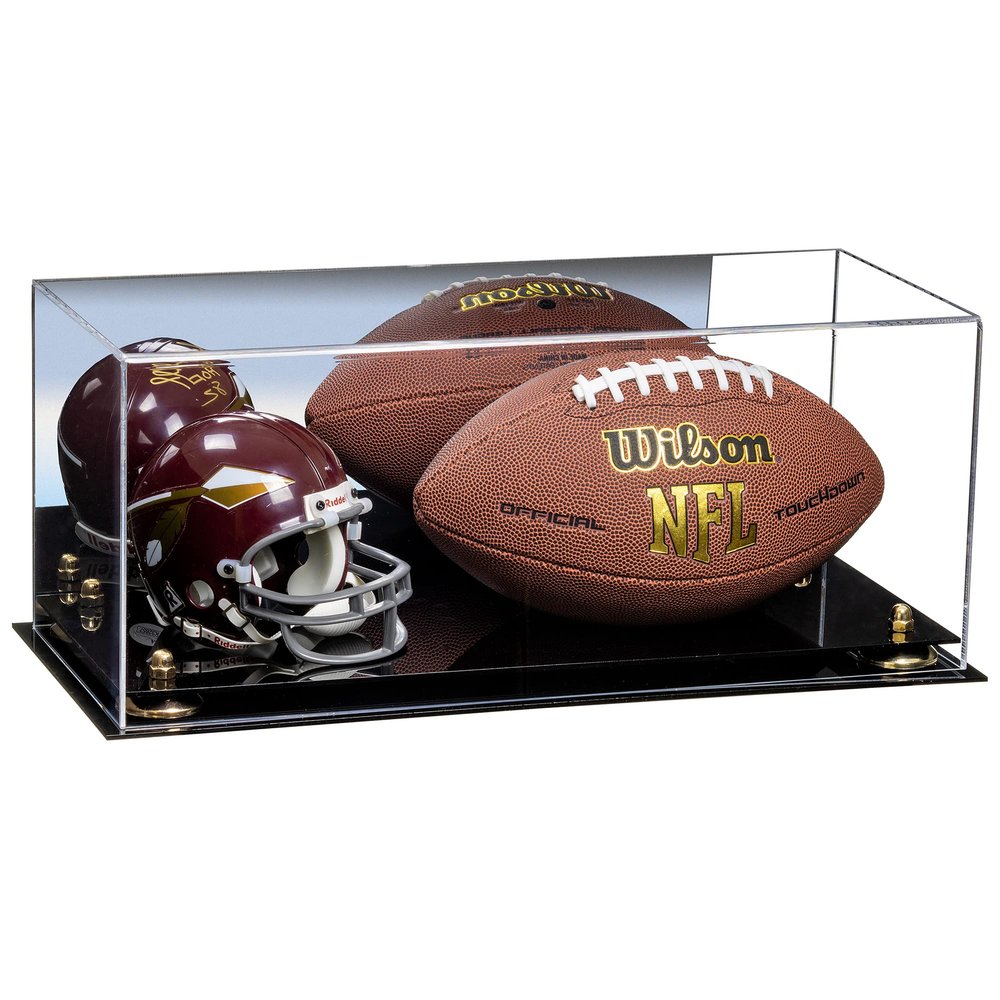 Better Display Cases Acrylic Display Case for Full Size Football and Mini Helmet - Large Rectangle Box with Mirror Case, Gold Risers and Black Base 19.25" x 8.25" x 8" (B47/A103)