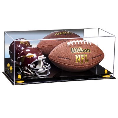 Better Display Cases Acrylic Display Case for Full Size Football and Mini Helmet - Large Rectangle Box with Mirror Case, Yellow Risers and Black Base 19.25" x 8.25" x 8" (B47/A103)
