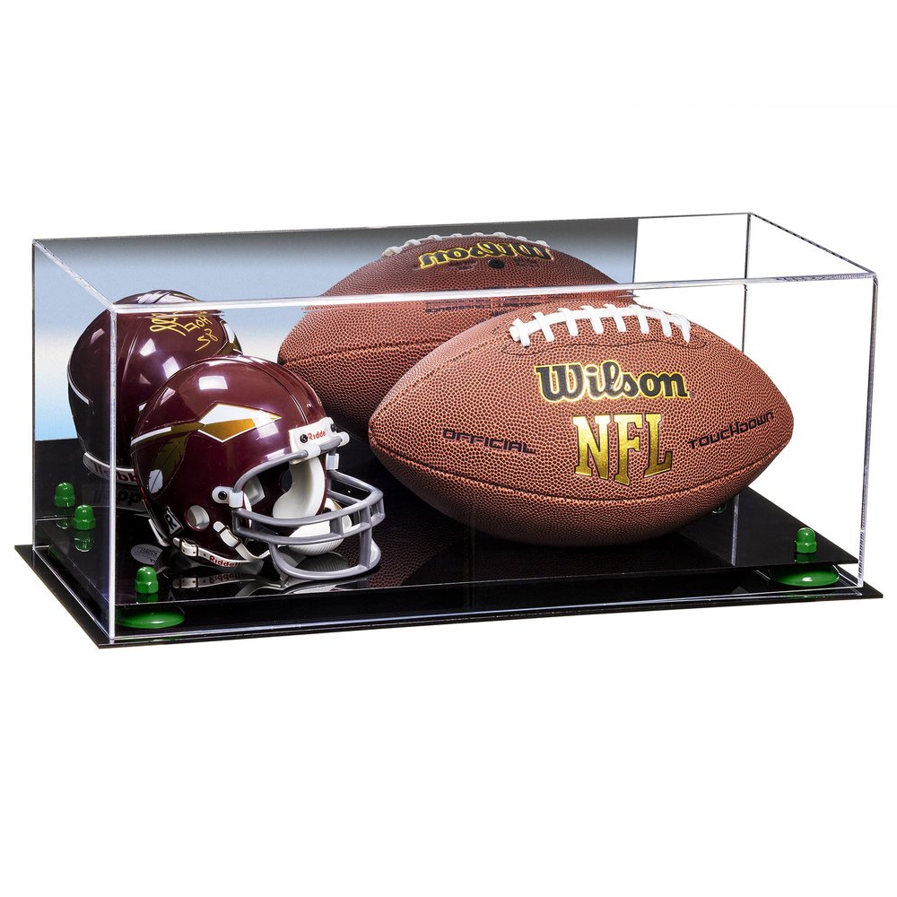Better Display Cases Acrylic Display Case for Full Size Football and Mini Helmet - Large Rectangle Box with Mirror Case, Green Risers and Black Base 19.25" x 8.25" x 8" (B47/A103)