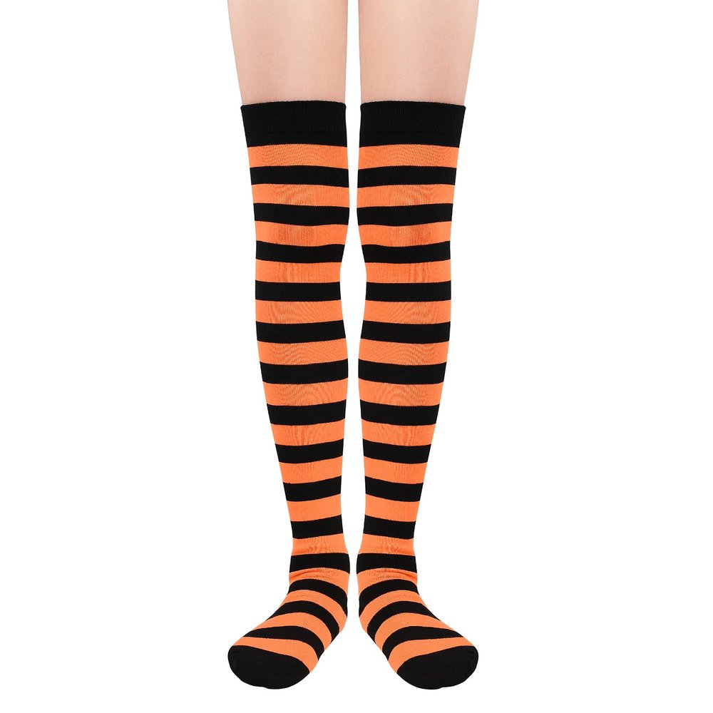 Zando Women's Long Knee High Socks, Thigh High Leg Warmers, Stockings, Striped Over Knee, Halloween, Black & Orange Stripes
