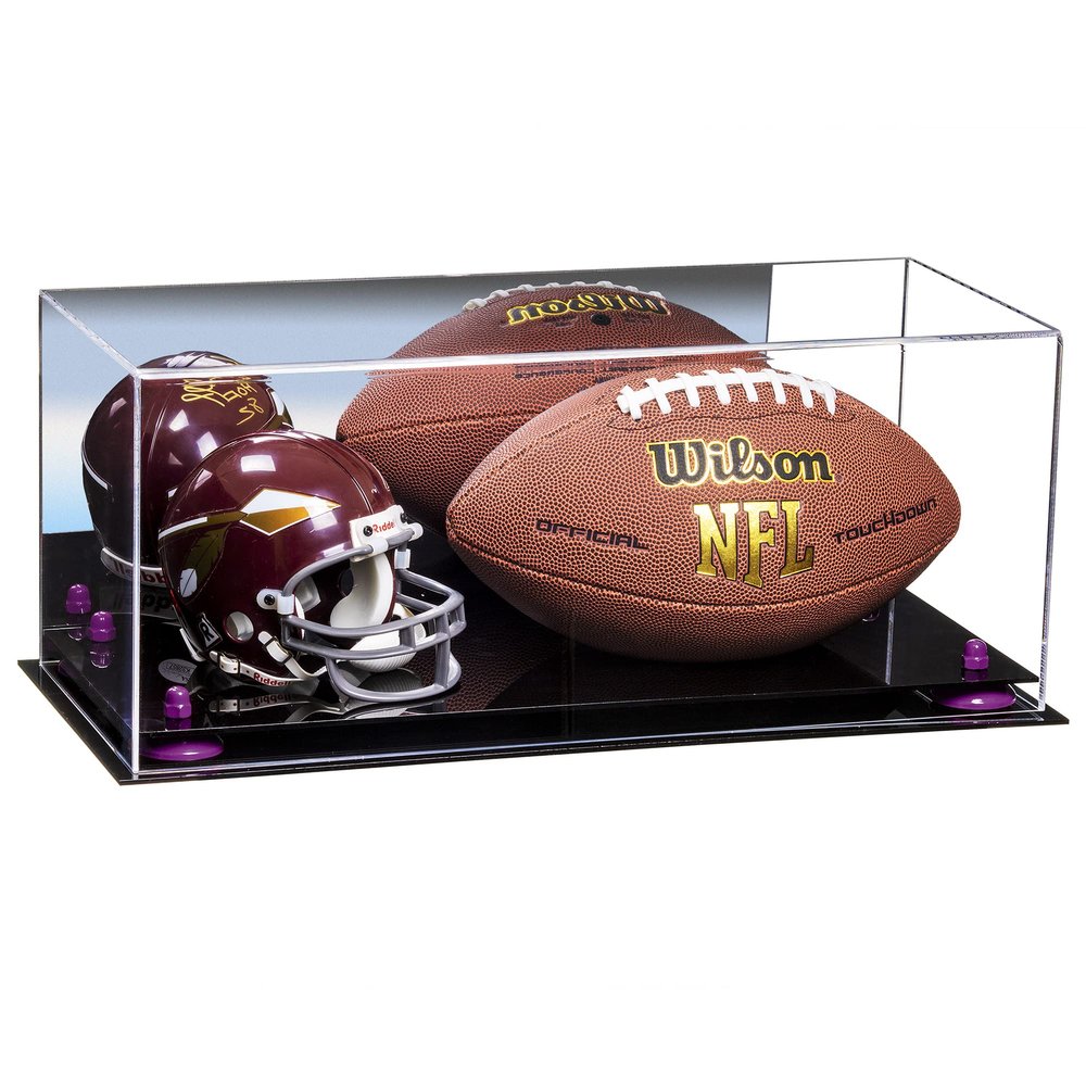 Better Display Cases Acrylic Display Case for Full Size Football and Mini Helmet - Large Rectangle Box with Mirror Case, Purple Risers and Black Base 19.25" x 8.25" x 8" (B47/A103)