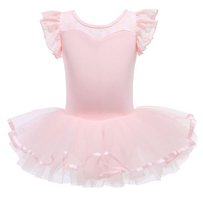 DYMCII Girls Ballet Dance Tutu Leotard Dress Short Sleeve Skirted Ballerina Outfit Princess Lace Dancewear Gymnastics Costume Pink 4-5T