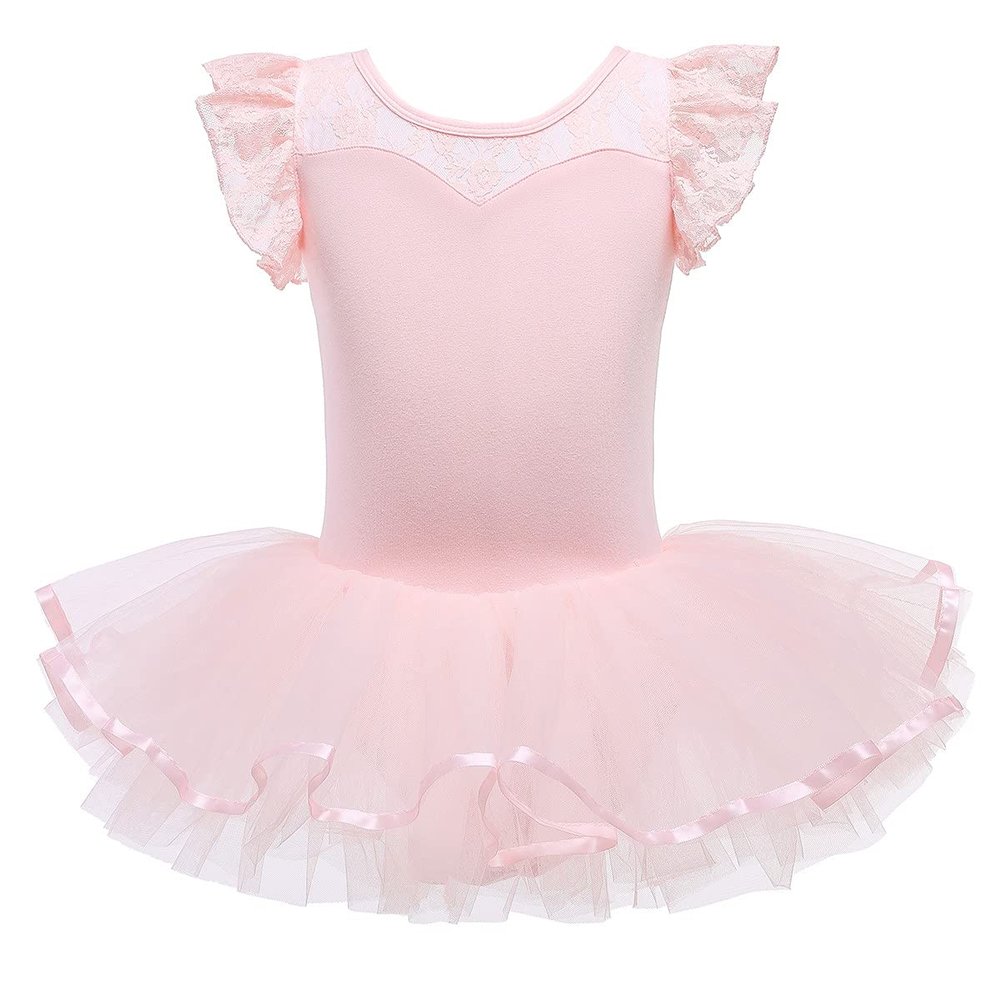 DYMCII Girls Ballet Dance Tutu Leotard Dress Short Sleeve Skirted Ballerina Outfit Princess Lace Dancewear Gymnastics Costume Pink 4-5T