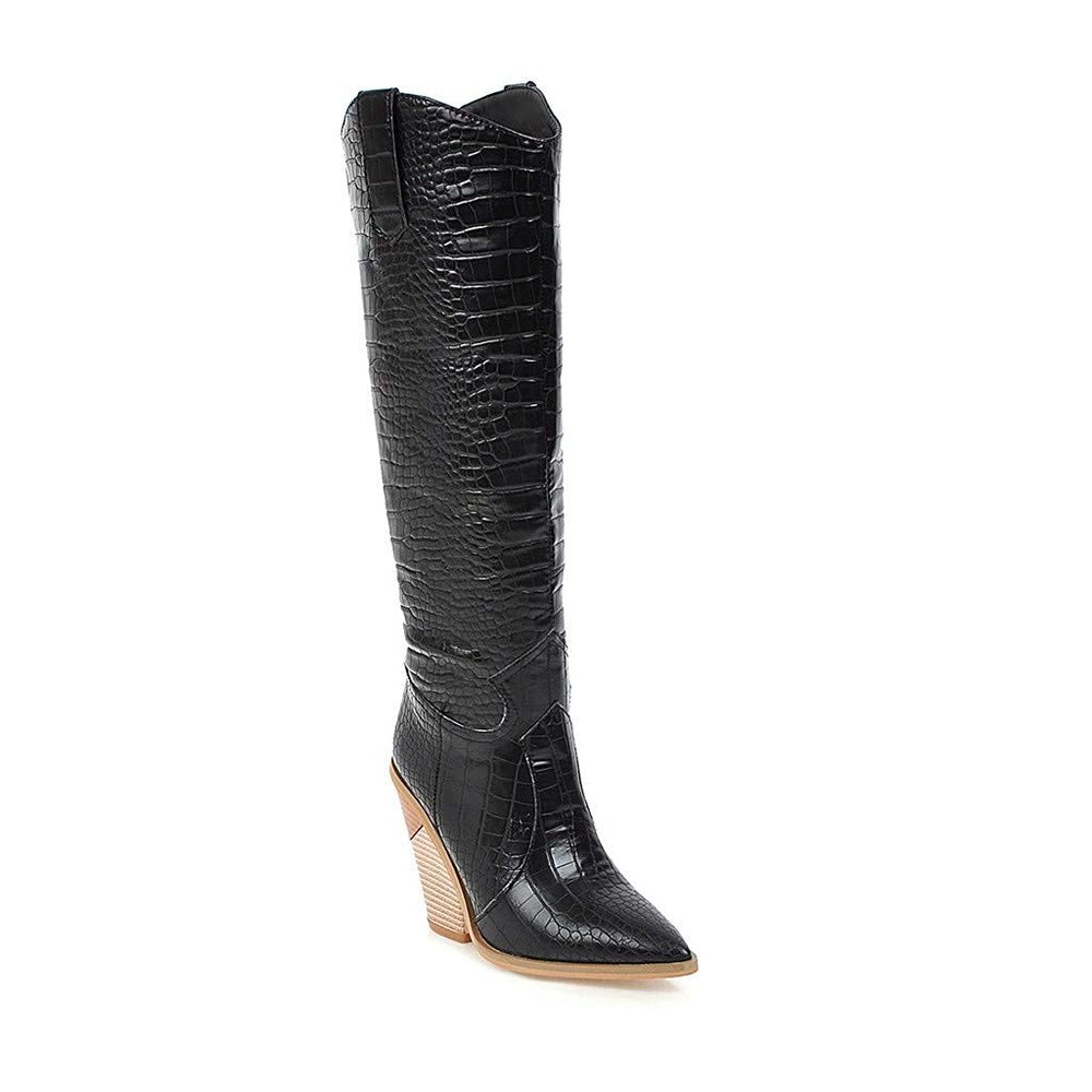 Bcshiye Women's Pointed Toe Western Boot Snakeskin Knee High Boots Chunky High Heel Leather Riding Cowboy Boots