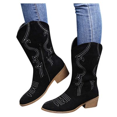 Bcshiye Women's Embroidery Western Boot Round Toe Side Zipper Slip On Short Ankle Boots Chunky Low Heel Mid-Calf Boots