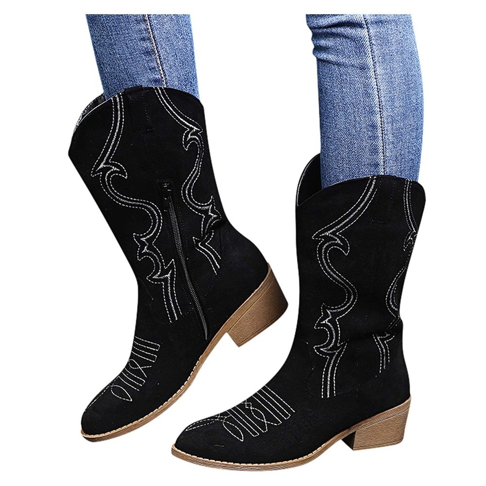 Bcshiye Women's Embroidery Western Boot Round Toe Side Zipper Slip On Short Ankle Boots Chunky Low Heel Mid-Calf Boots
