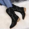 Bcshiye Women's Embroidery Western Boot Round Toe Side Zipper Slip On Short Ankle Boots Chunky Low Heel Mid-Calf Boots view 3