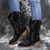 Bcshiye Women's Embroidery Western Boot Round Toe Side Zipper Slip On Short Ankle Boots Chunky Low Heel Mid-Calf Boots view 4