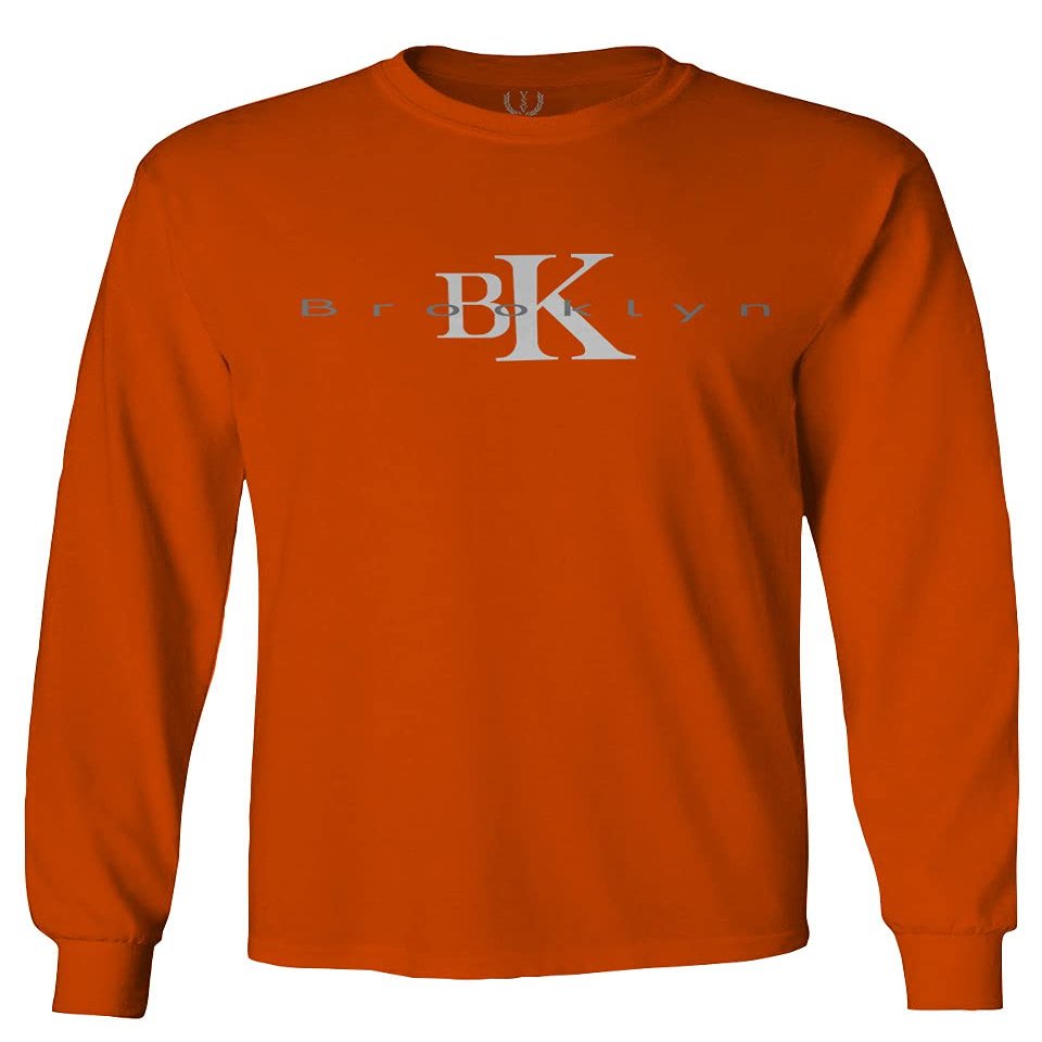 0407. Street Wear BK Brooklyn NY NYC New York Fonts Men's Long Sleeve t Shirt (Orange Small)