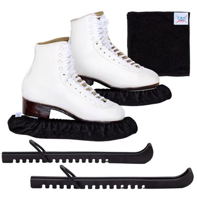 CRS Cross Ice Skate Guards, Soakers and Towel Gift Set. One Piece Adjustable Guard Design and Soft Skate Blade Cover Accessories for Ice Skating. No Assembly Required (Biellmann Black, Medium)