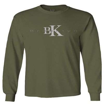 0407. Street Wear BK Brooklyn NY NYC New York Fonts Men's Long Sleeve t Shirt (Olive, Small)