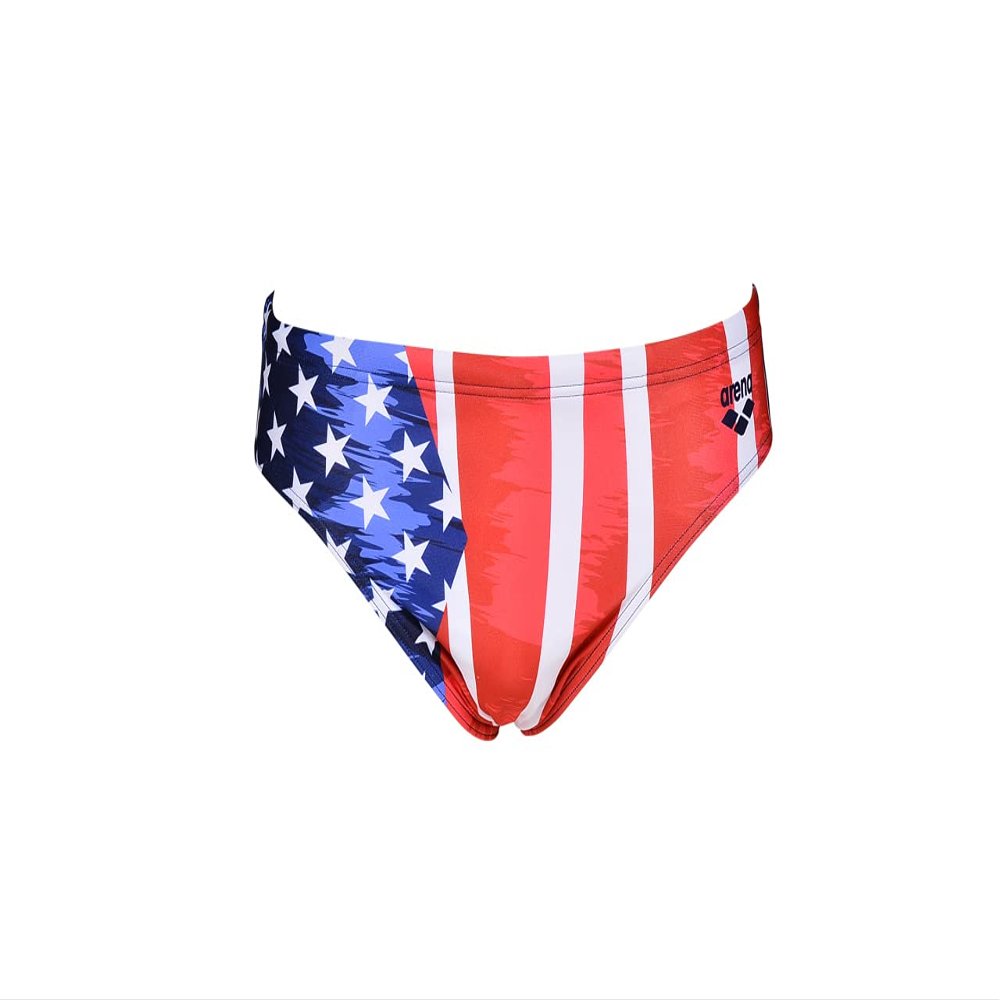 ARENA Men's USA Red, White and Blue 3-Inch Brief Athletic Training Swimsuit, MaxLife Chlorine Resistant Fabric, Stars & Stripes, 22