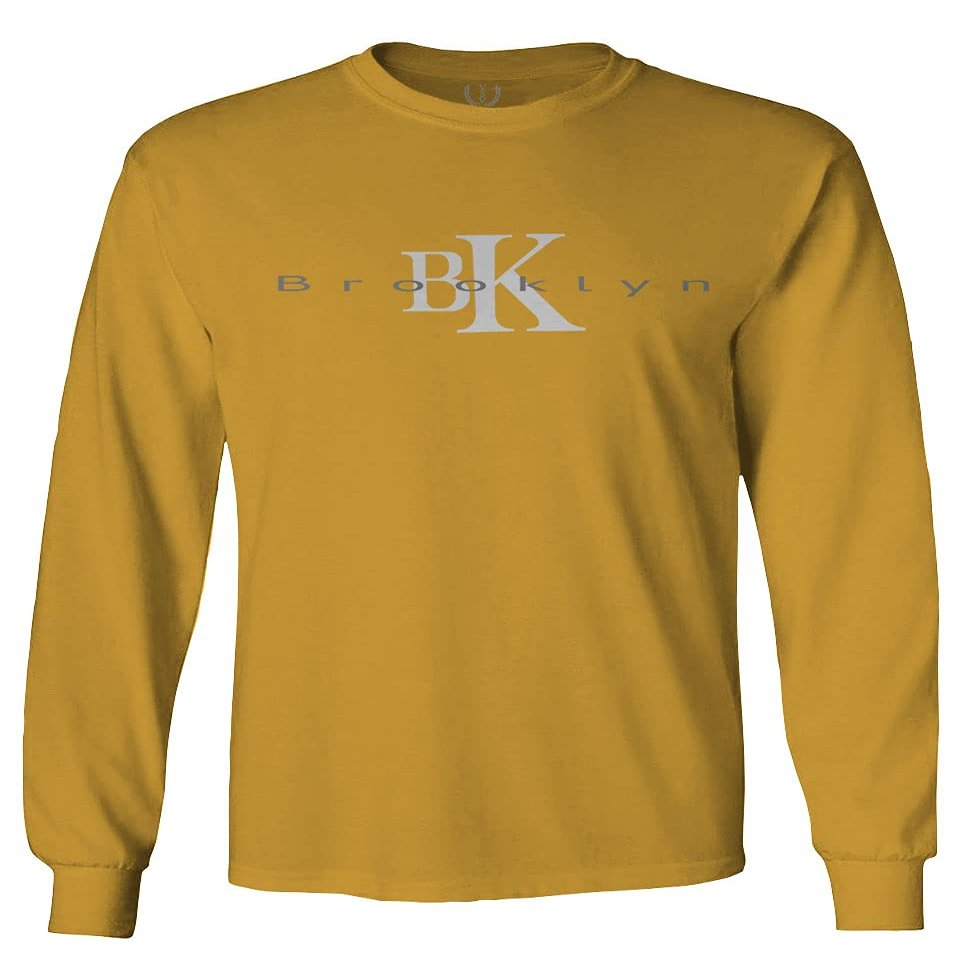 0407. Street Wear BK Brooklyn NY NYC New York Fonts Men's Long Sleeve t Shirt (Gold Small)