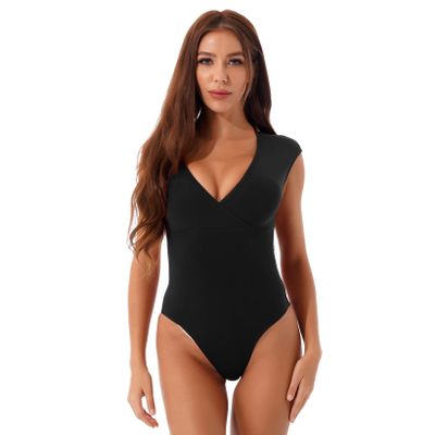 Hansber Women's Deep V-Neck Ballet Dance Leotard Open Back Halter Neck Gymnastics Bodysuit Jumpsuit Dancewear Black Large