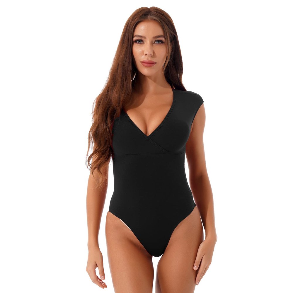 Hansber Women's Deep V-Neck Ballet Dance Leotard Open Back Halter Neck Gymnastics Bodysuit Jumpsuit Dancewear Black Large