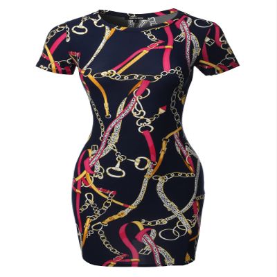 Made by Emma Casual Crew Neck Printed Sexy Stretchy Body-con Fitted Mini Dress Navy Gold S