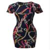 Made by Emma Casual Crew Neck Printed Sexy Stretchy Body-con Fitted Mini Dress Navy Gold S view 1