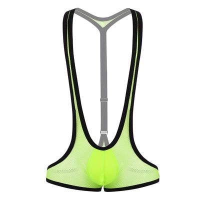 Hedmy Men's See Through Mesh Fishnet Suspenders Wrestling Singlet Y-Back Leotard Hipster Bodysuits Green One Size