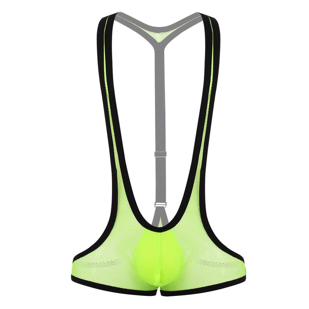 Hedmy Men's See Through Mesh Fishnet Suspenders Wrestling Singlet Y-Back Leotard Hipster Bodysuits Green One Size