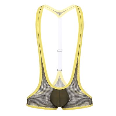 Hedmy Men's See Through Mesh Fishnet Suspenders Wrestling Singlet Y-Back Leotard Hipster Bodysuits Army Green One Size