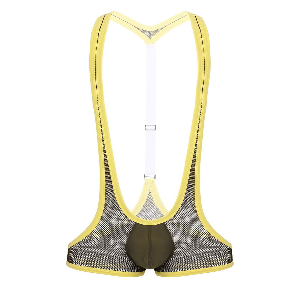Hedmy Men's See Through Mesh Fishnet Suspenders Wrestling Singlet Y-Back Leotard Hipster Bodysuits Army Green One Size