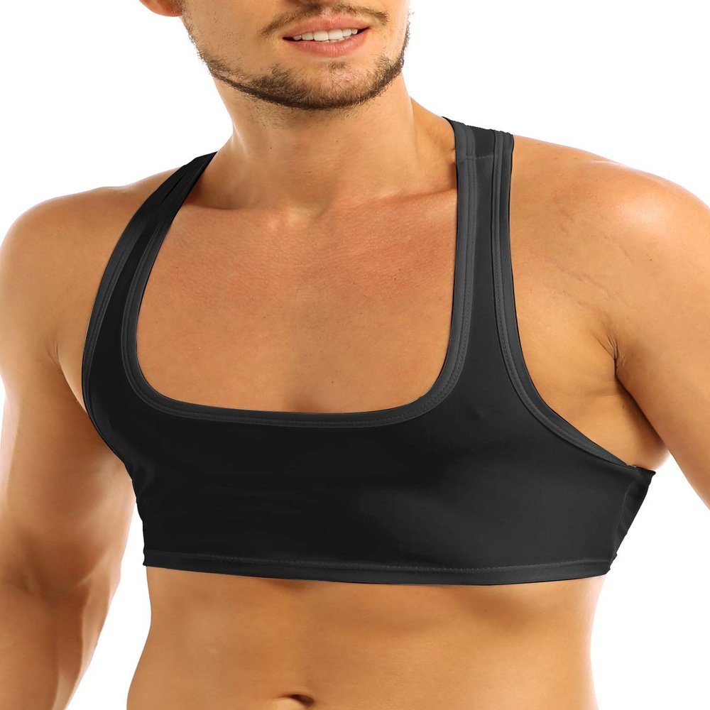 Hedmy Men's Sleeveless Y Back Muscle Half Tank Top Vest Tee T-Shirts Crop Tops Sports Bras Black X-Large