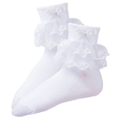 2 Pairs First Communion Socks Bow Pearls White Frilly Christening Baptism Socks Layer Lace Trim Baby Ruffle Socks for Girls (5-6 Years)