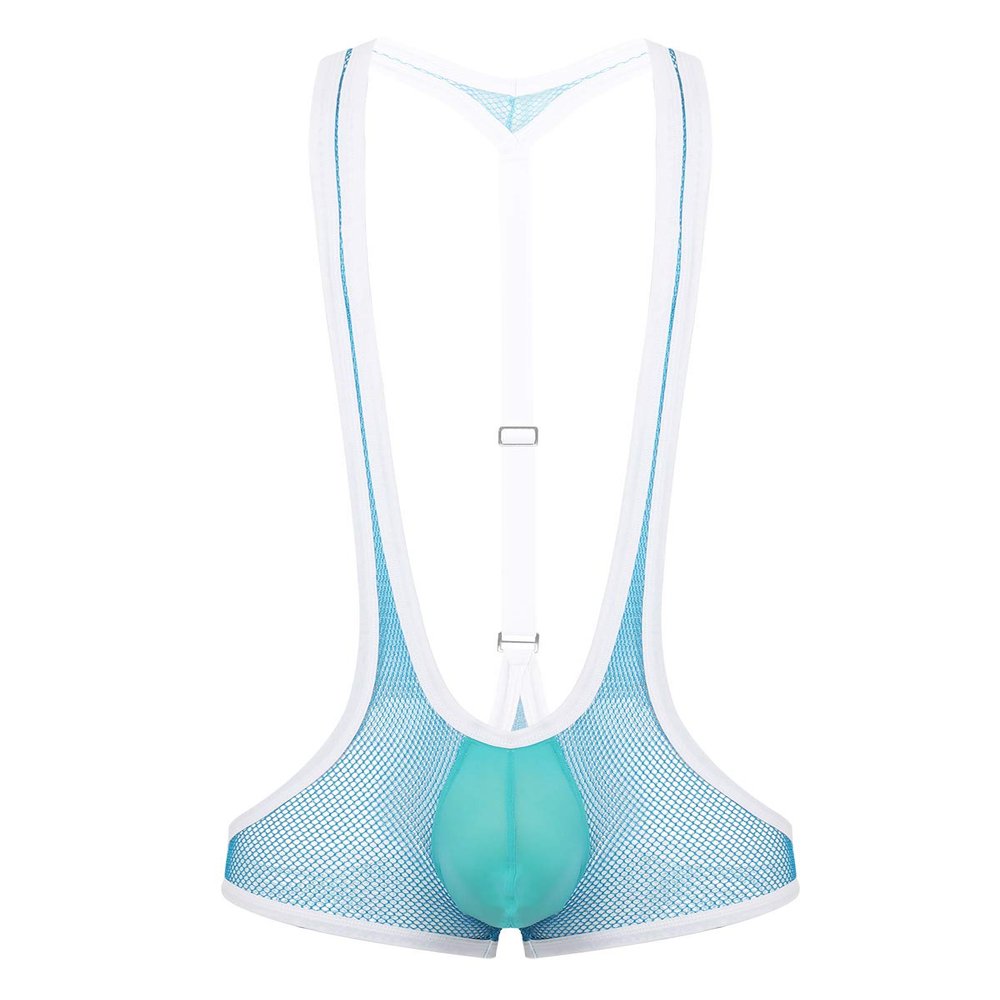 Hedmy Men's See Through Mesh Fishnet Suspenders Wrestling Singlet Y-Back Leotard Hipster Bodysuits Sky Blue One Size