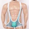 Hedmy Men's See Through Mesh Fishnet Suspenders Wrestling Singlet Y-Back Leotard Hipster Bodysuits Sky Blue One Size view 3