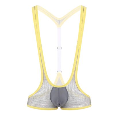Hedmy Men's See Through Mesh Fishnet Suspenders Wrestling Singlet Y-Back Leotard Hipster Bodysuits Grey One Size