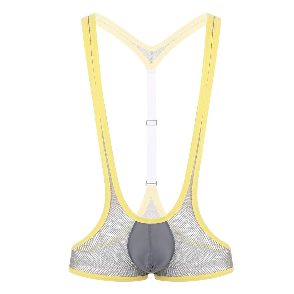 Hedmy Men's See Through Mesh Fishnet Suspenders Wrestling Singlet Y-Back Leotard Hipster Bodysuits Grey One Size
