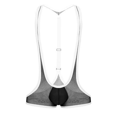 Hedmy Men's See Through Mesh Fishnet Suspenders Wrestling Singlet Y-Back Leotard Hipster Bodysuits Black One Size