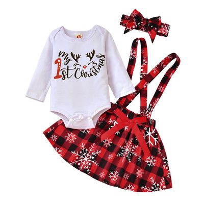 Aoty Newborn Baby Girl Christmas Outfits My 1st Christmas Romper Top+Suspender Skirt+Headband Clothes Set (White Plaid, 3-6 Months)