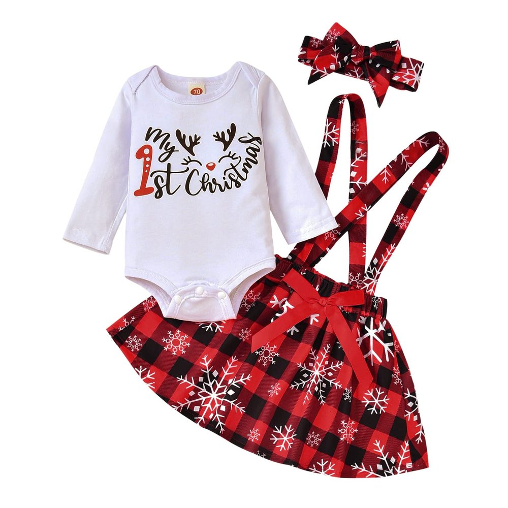 Aoty Newborn Baby Girl Christmas Outfits My 1st Christmas Romper Top+Suspender Skirt+Headband Clothes Set (White Plaid, 3-6 Months)